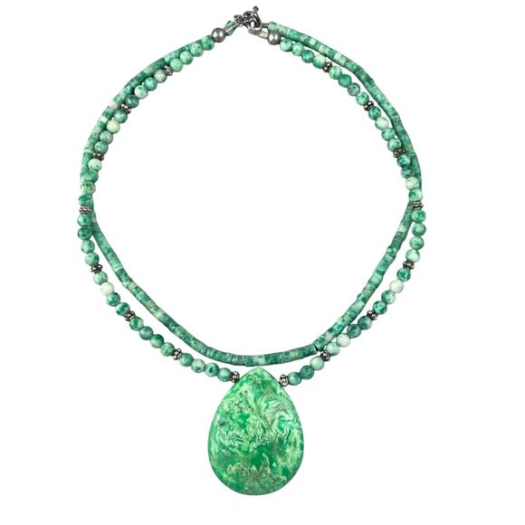 Two Strand Chrysoprase Beaded Necklace | Vintage Sterling Silver 925 | 16" - Picture 3 of 10